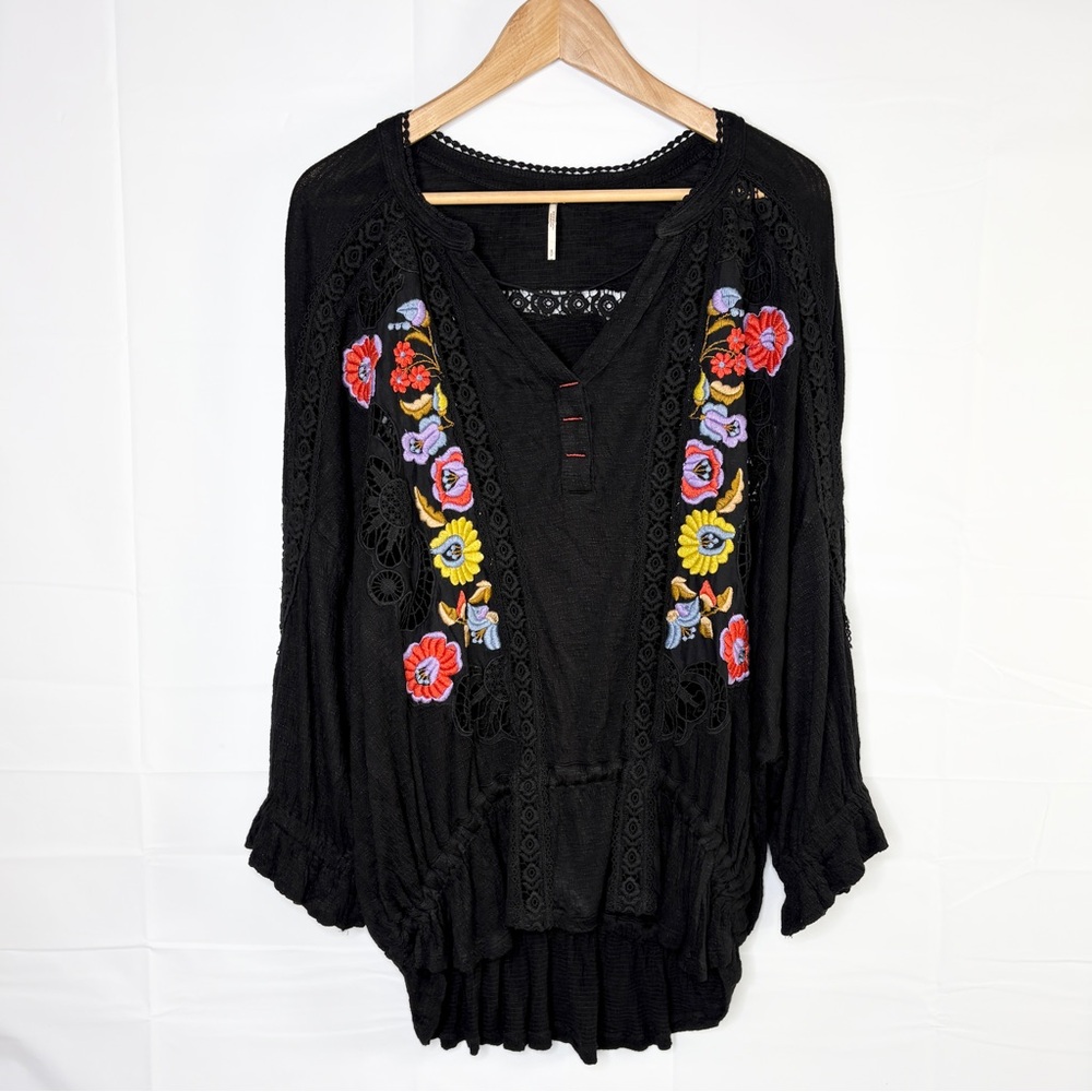 Free People Serafina Black‎ Embroidered Peasant Top - Small Boho - Picture 12 of 15